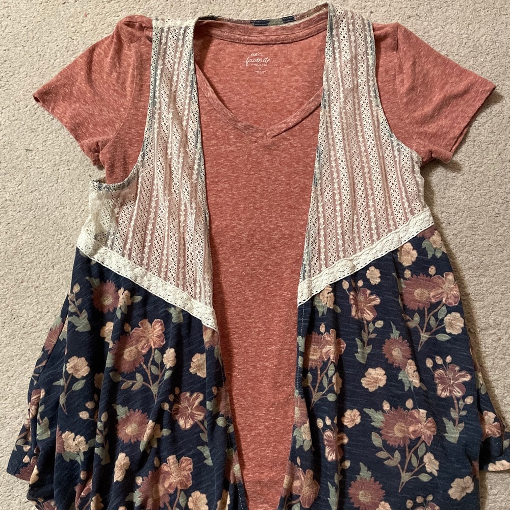 Rue 21 size small shirt with vest combo (not connected), floral & pink color.